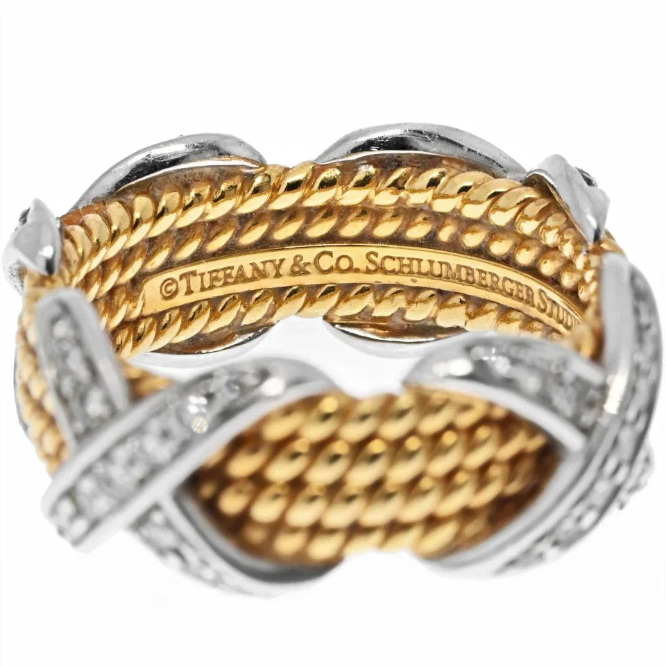 Tiffany & Co. Platinum & 18K Yellow Gold 0.54 Carat Schlumberger Four Row Diamond X Ring - The Back Vault