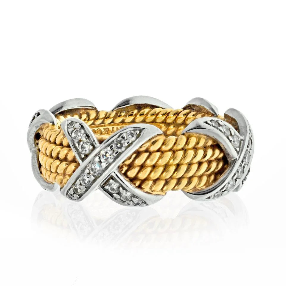 Tiffany & Co. Platinum & 18K Yellow Gold 0.54 Carat Schlumberger Four Row Diamond X Ring - The Back Vault