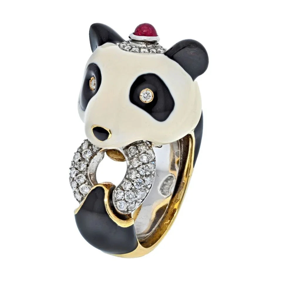 David Webb Platinum & 18K Yellow Gold Panda Bear Black And White Enamel Diamond Vintage Ring - The Back Vault