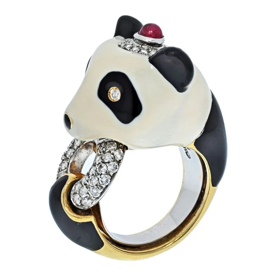 David Webb Platinum & 18K Yellow Gold Panda Bear Black And White Enamel Diamond Vintage Ring - The Back Vault