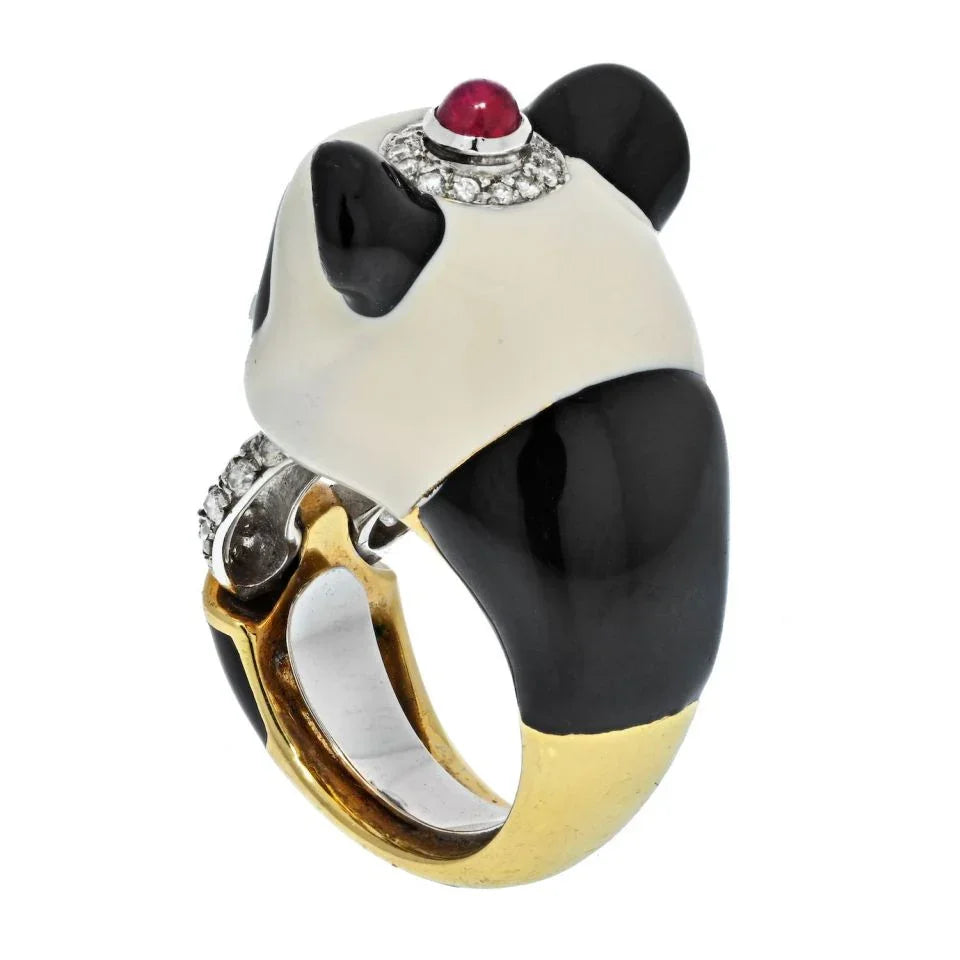 David Webb Platinum & 18K Yellow Gold Panda Bear Black And White Enamel Diamond Vintage Ring - The Back Vault