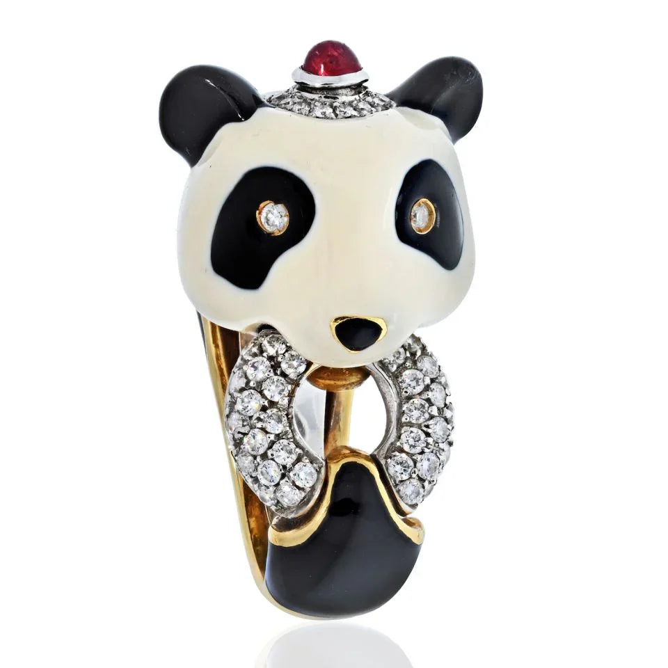 David Webb Platinum & 18K Yellow Gold Panda Bear Black And White Enamel Diamond Vintage Ring - The Back Vault