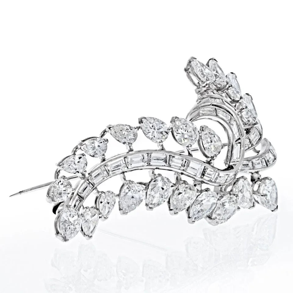 Platinum 14 Carats Pear Shaped And Baguette Cut Diamond Brooch - The Back Vault