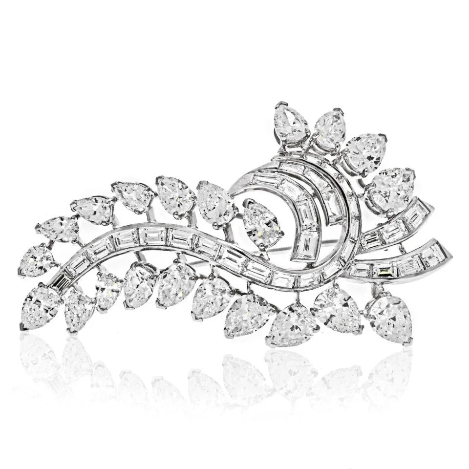 Platinum 14 Carats Pear Shaped And Baguette Cut Diamond Brooch - The Back Vault