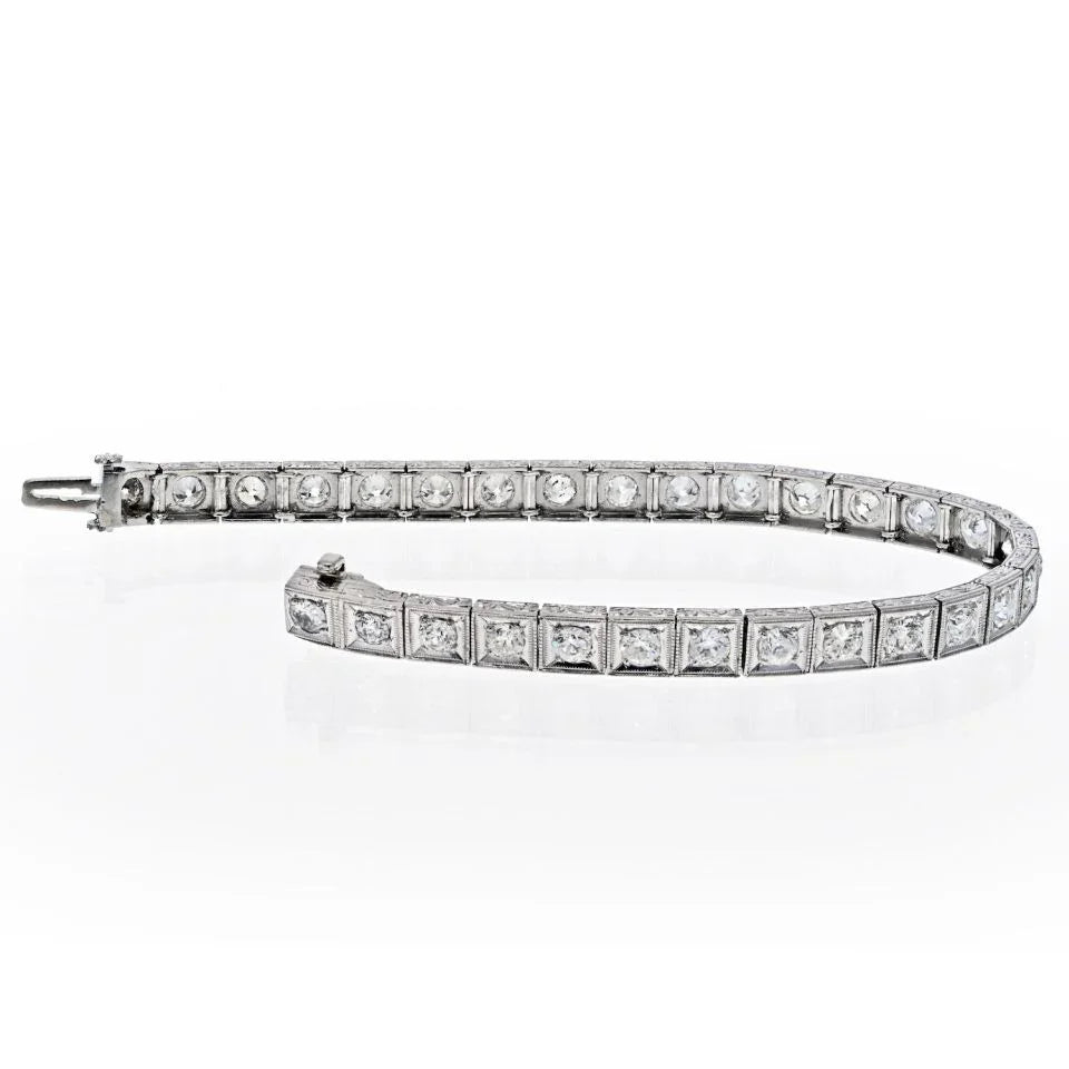 Platinum 6 Carat Art Deco Straight Line Box Set Round Diamond Tennis Bracelet - The Back Vault