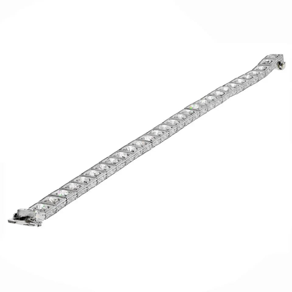 Platinum 6 Carat Art Deco Straight Line Box Set Round Diamond Tennis Bracelet - The Back Vault