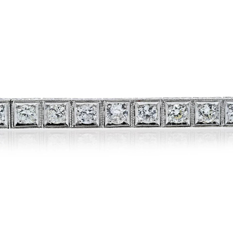 Platinum 6 Carat Art Deco Straight Line Box Set Round Diamond Tennis Bracelet - The Back Vault