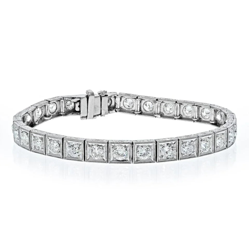 Platinum 6 Carat Art Deco Straight Line Box Set Round Diamond Tennis Bracelet - The Back Vault