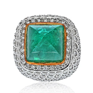 18K Two Tone 38 Carat Sugarloaf Green Emerald And Diamond Cocktail Ring