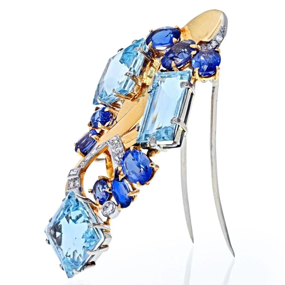 Seaman Schepps 14K Yellow Gold Aquamarine, Diamonds Brooch Brooch - The Back Vault