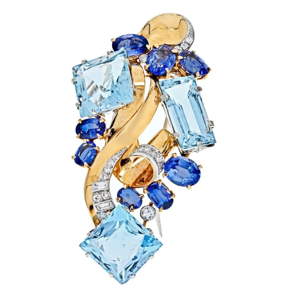Seaman Schepps 14K Yellow Gold Aquamarine, Diamonds Brooch Brooch - The Back Vault