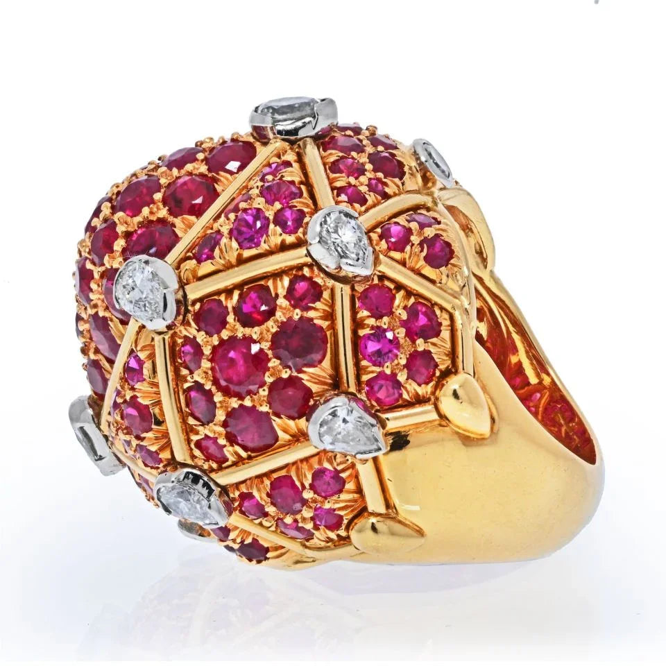 David Webb Platinum & 18K Yellow Gold Geodesic Diamond And Ruby Cocktail Ring - The Back Vault