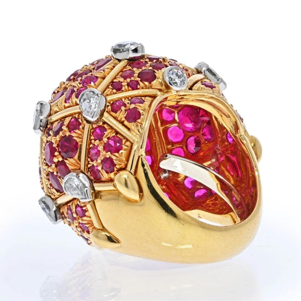 David Webb Platinum & 18K Yellow Gold Geodesic Diamond And Ruby Cocktail Ring - The Back Vault