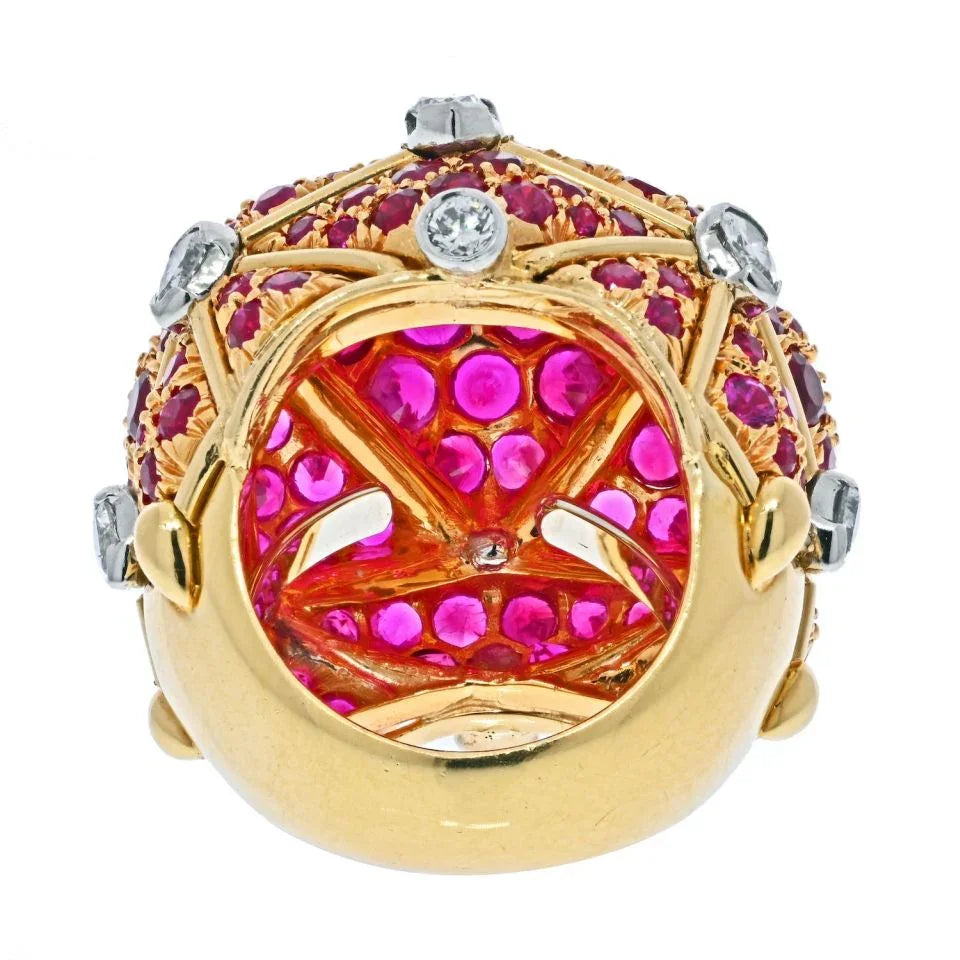 David Webb Platinum & 18K Yellow Gold Geodesic Diamond And Ruby Cocktail Ring - The Back Vault