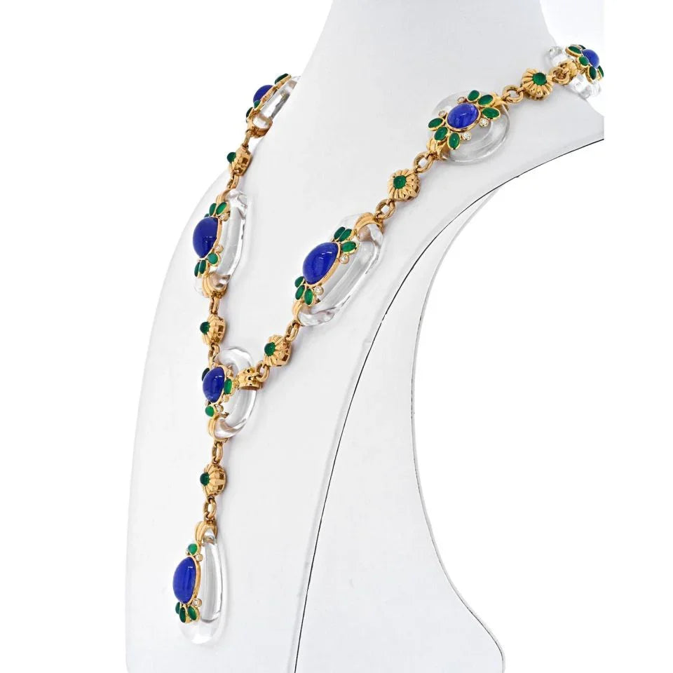 18K Yellow Gold Rock Crystal Floral Sautoir With Diamonds, Sapphires And Emerald Necklace - The Back Vault