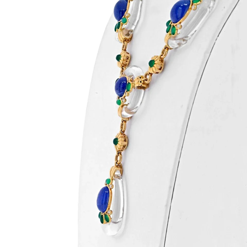 18K Yellow Gold Rock Crystal Floral Sautoir With Diamonds, Sapphires And Emerald Necklace - The Back Vault