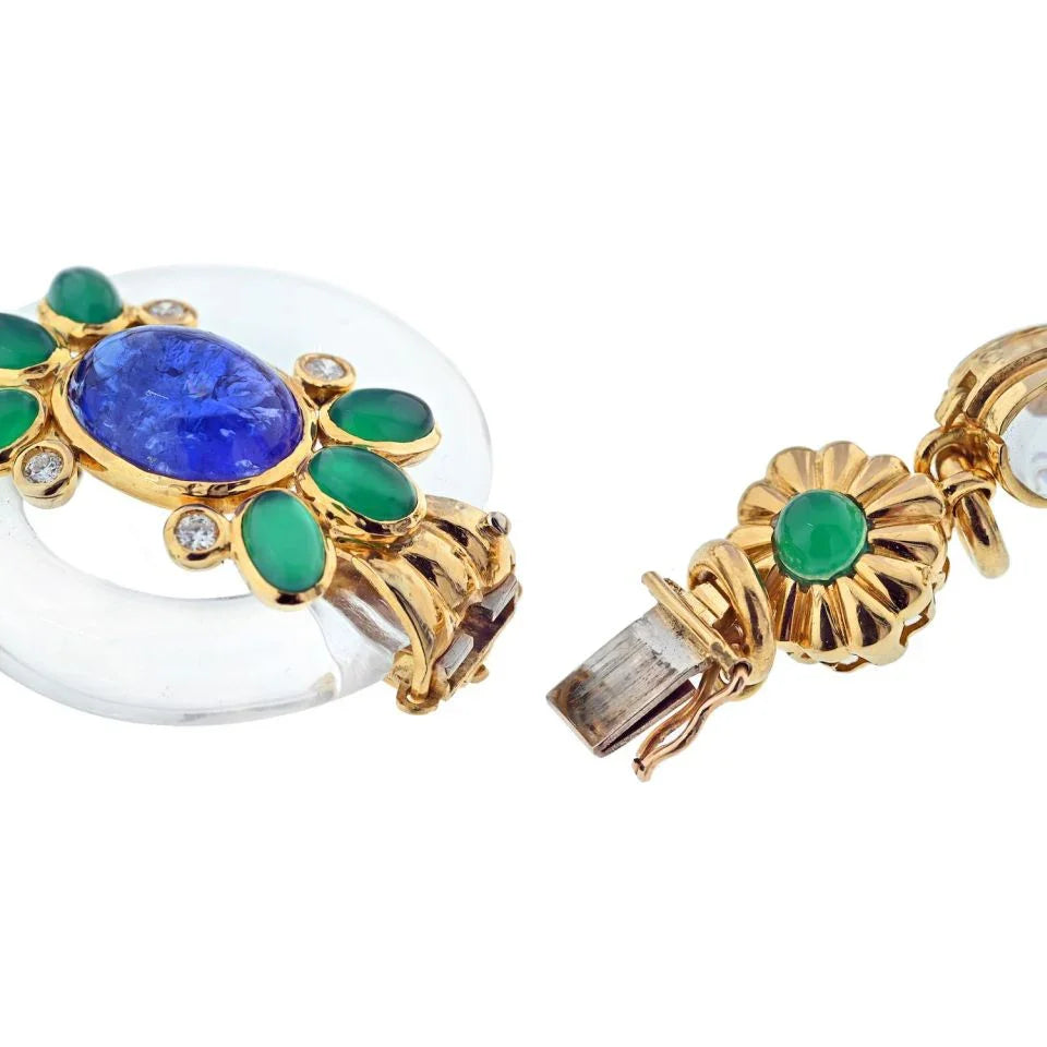 18K Yellow Gold Rock Crystal Floral Sautoir With Diamonds, Sapphires And Emerald Necklace - The Back Vault