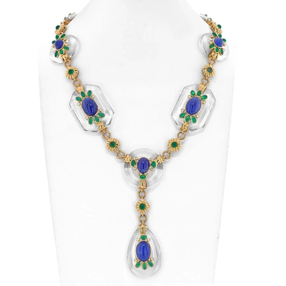 18K Yellow Gold Rock Crystal Floral Sautoir With Diamonds, Sapphires And Emerald Necklace - The Back Vault
