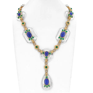 18K Yellow Gold Rock Crystal Floral Sautoir With Diamonds, Sapphires And Emerald Necklace