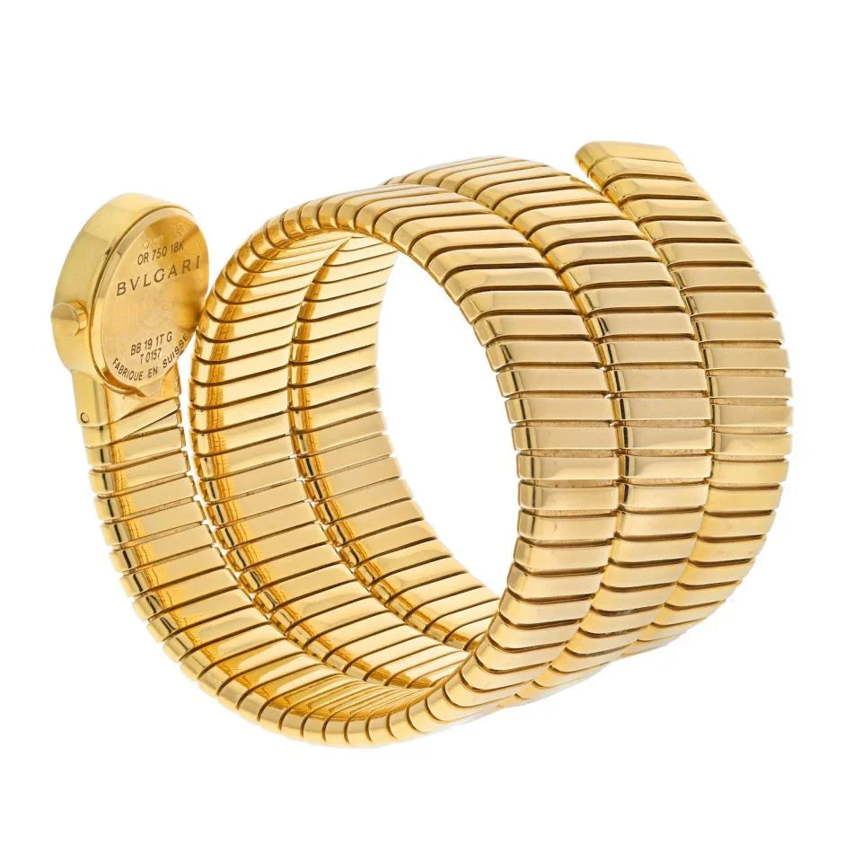 Bvlgari 18K Yellow Gold Tubogas Serpenti Black Diamond Dial Vintage Wrap Women Watch - The Back Vault