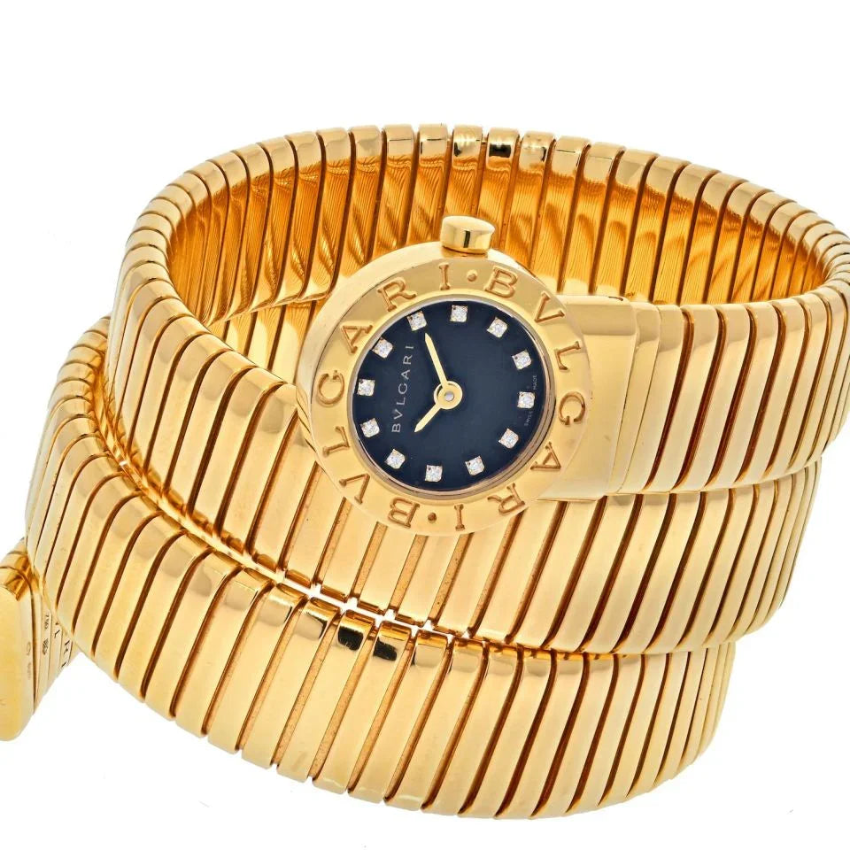 Bvlgari 18K Yellow Gold Tubogas Serpenti Black Diamond Dial Vintage Wrap Women Watch - The Back Vault