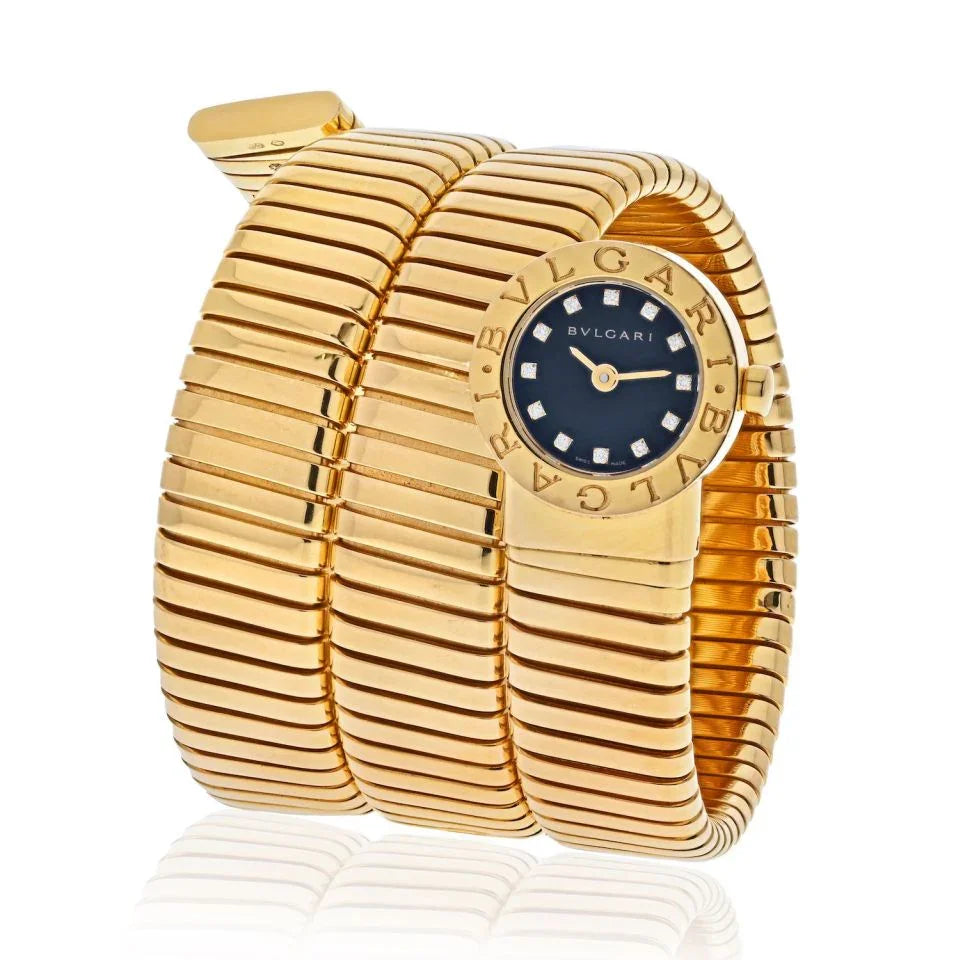 Bvlgari 18K Yellow Gold Tubogas Serpenti Black Diamond Dial Vintage Wrap Women Watch - The Back Vault