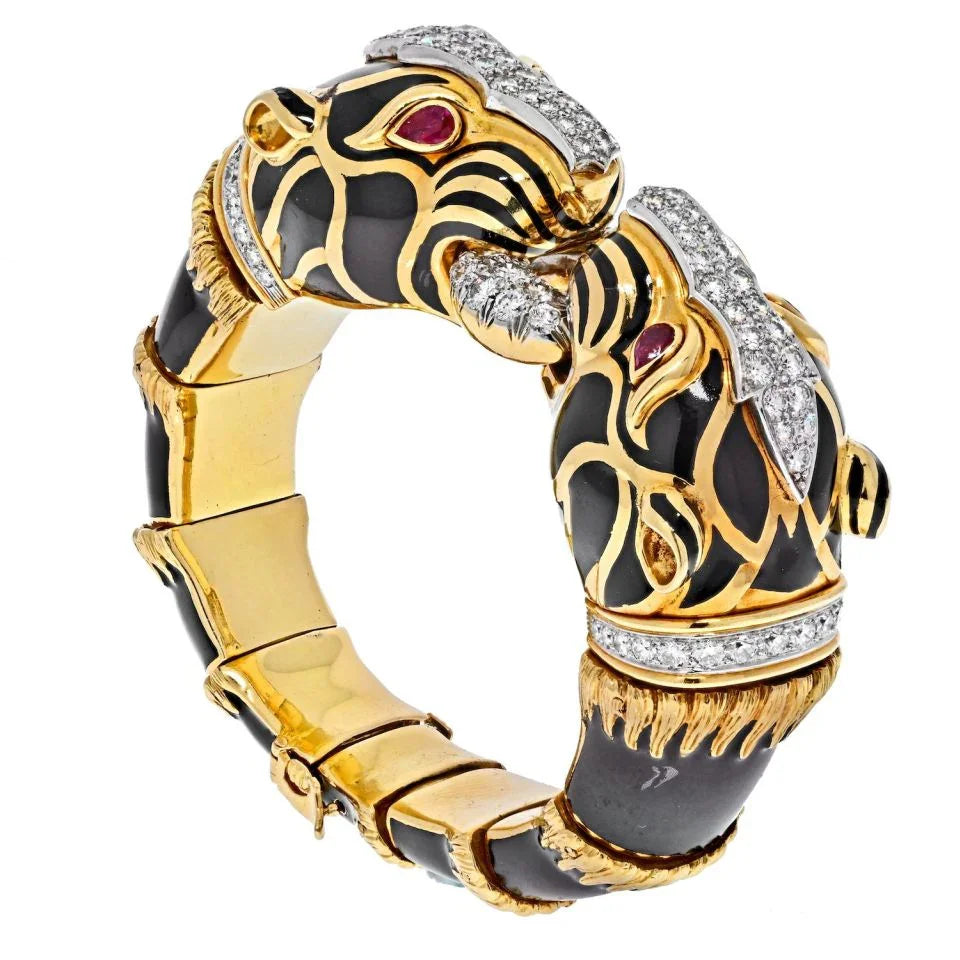 David Webb Platinum & 18K Yellow Gold Black Enamel Double Head Lion Bracelet - The Back Vault