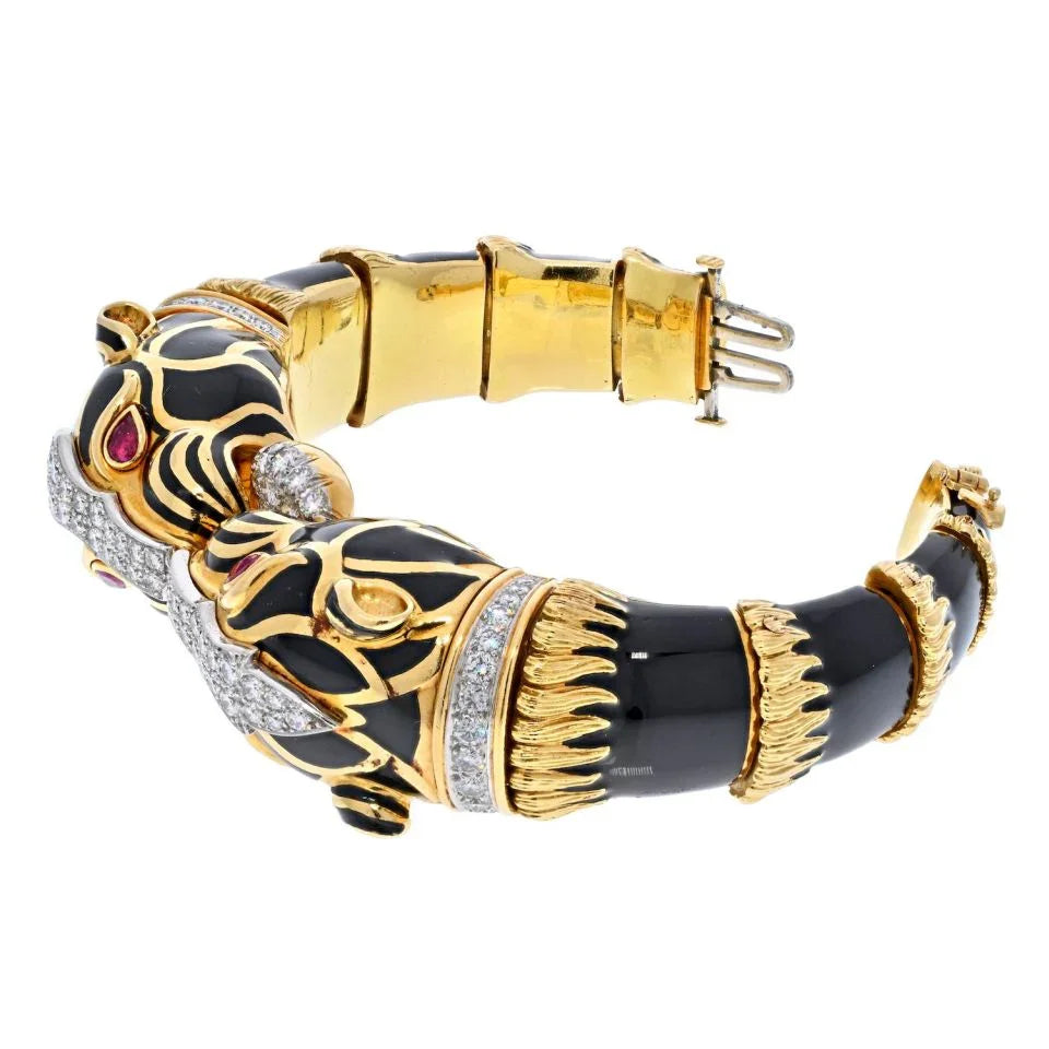 David Webb Platinum & 18K Yellow Gold Black Enamel Double Head Lion Bracelet - The Back Vault