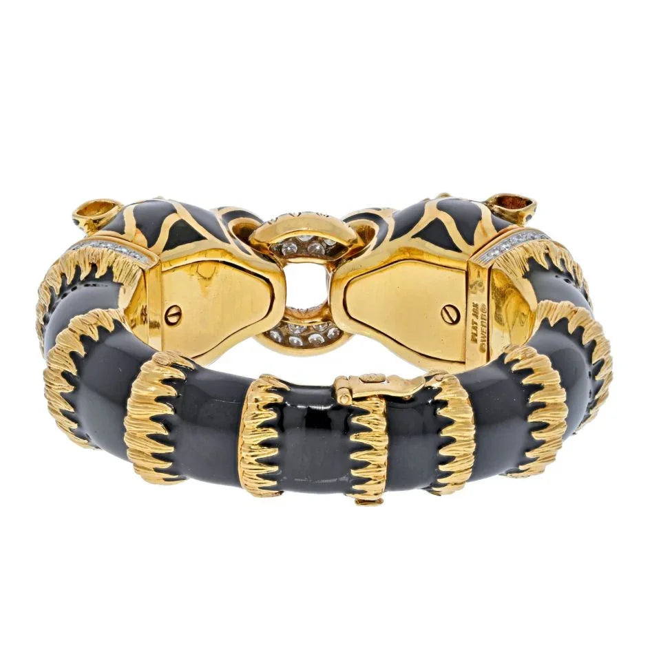 David Webb Platinum & 18K Yellow Gold Black Enamel Double Head Lion Bracelet - The Back Vault