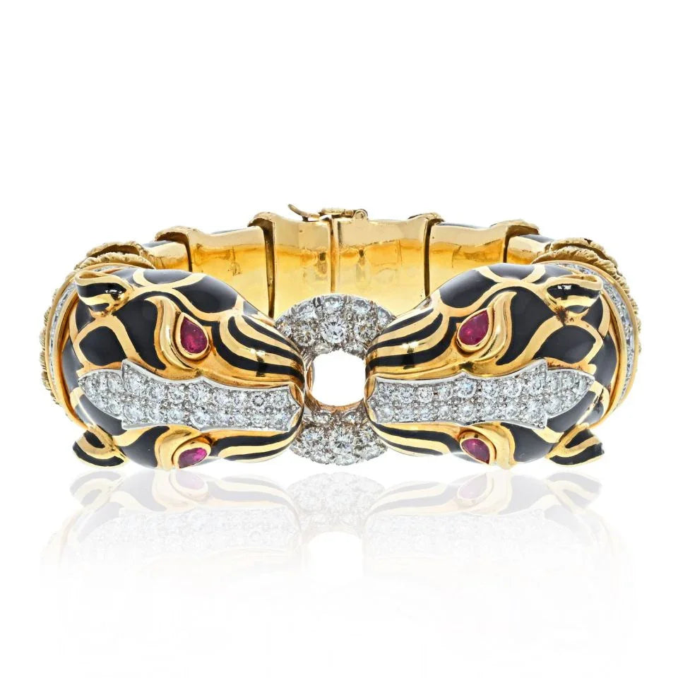 David Webb Platinum & 18K Yellow Gold Black Enamel Double Head Lion Bracelet - The Back Vault