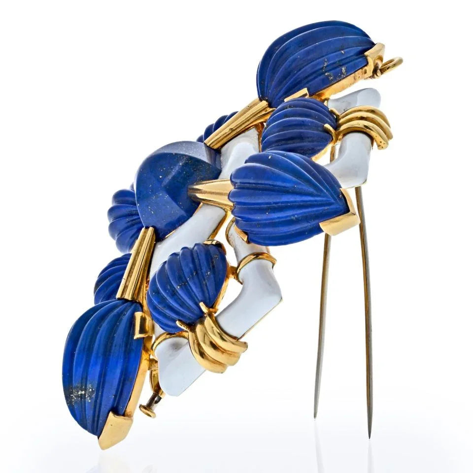 David Webb Platinum & 18K Yellow Gold Blue Lapis Lazuli And White Enamel Brooch - The Back Vault