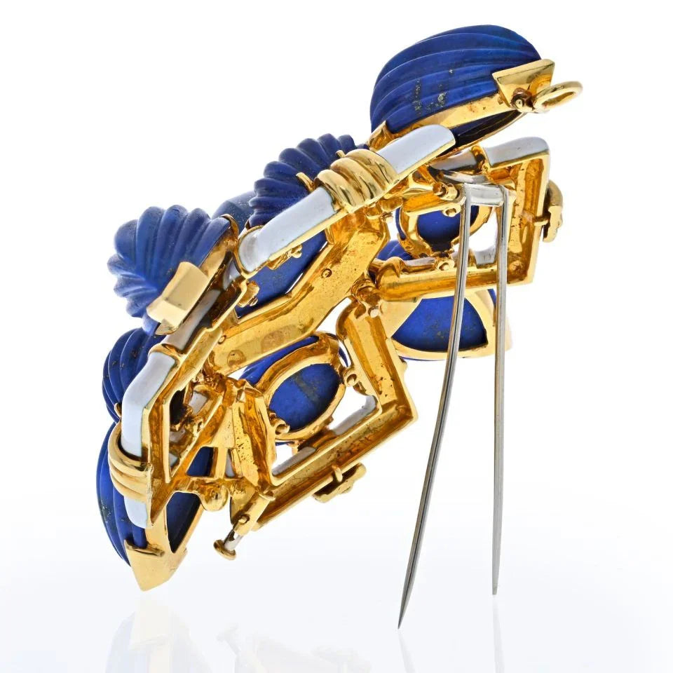 David Webb Platinum & 18K Yellow Gold Blue Lapis Lazuli And White Enamel Brooch - The Back Vault