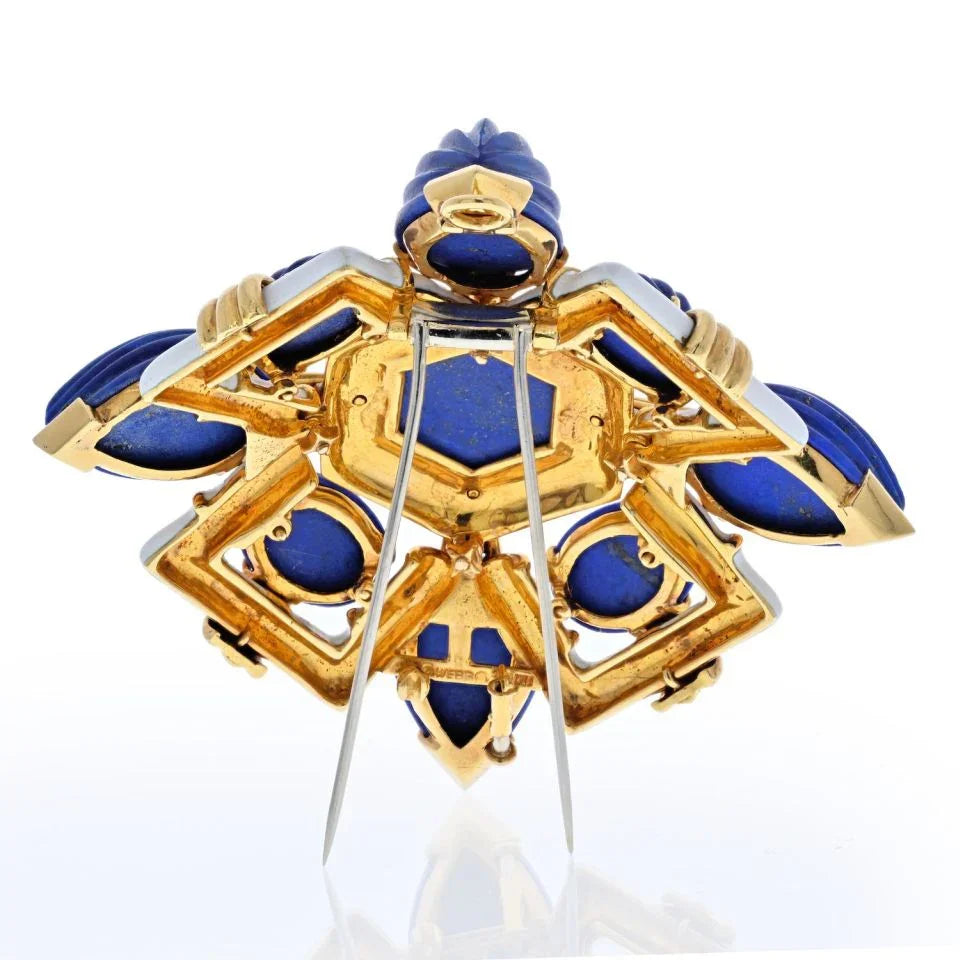 David Webb Platinum & 18K Yellow Gold Blue Lapis Lazuli And White Enamel Brooch - The Back Vault