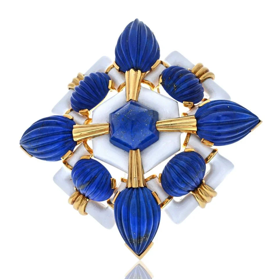 David Webb Platinum & 18K Yellow Gold Blue Lapis Lazuli And White Enamel Brooch - The Back Vault