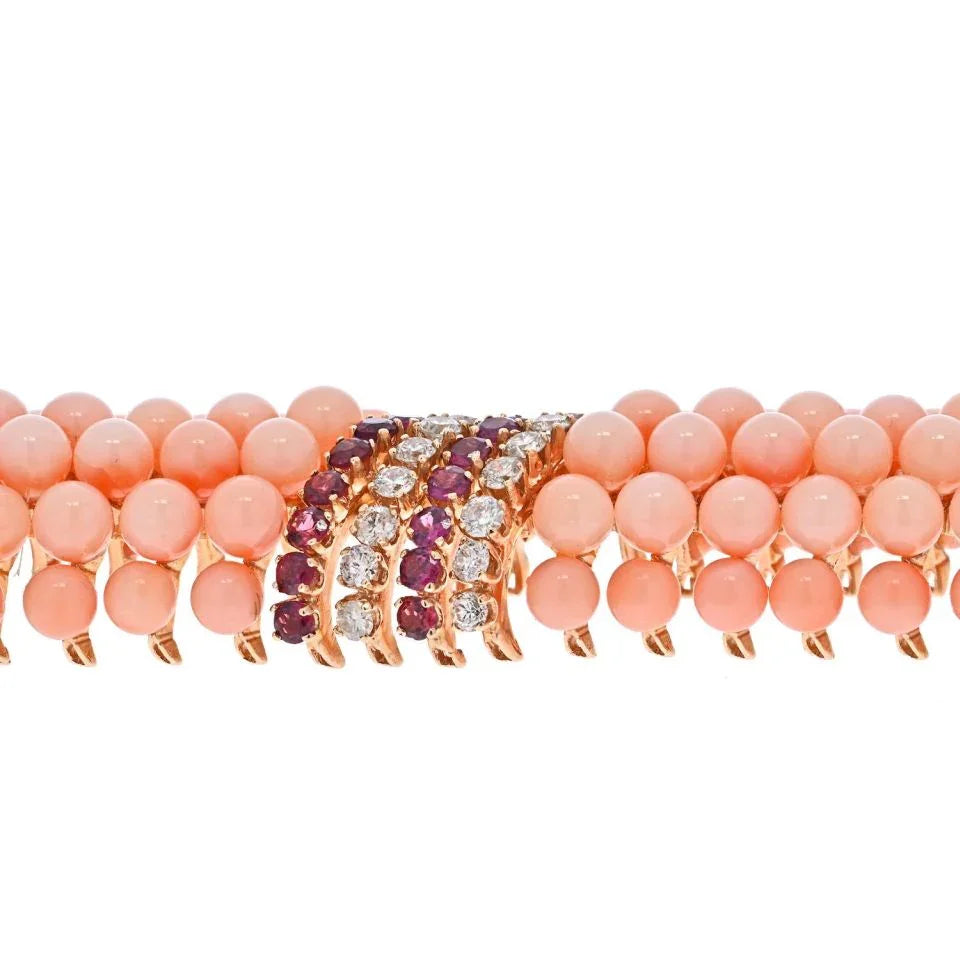18K Yellow Gold Pink Coral Beads, Diamonds and Ruby Multi-row Bracelet - The Back Vault