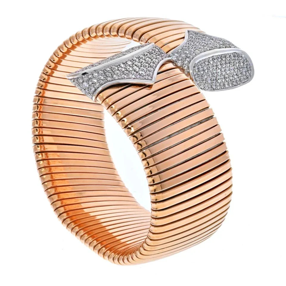 18K Two Tone Crossover Wide Diamond Accented Wrap Bracelet - The Back Vault