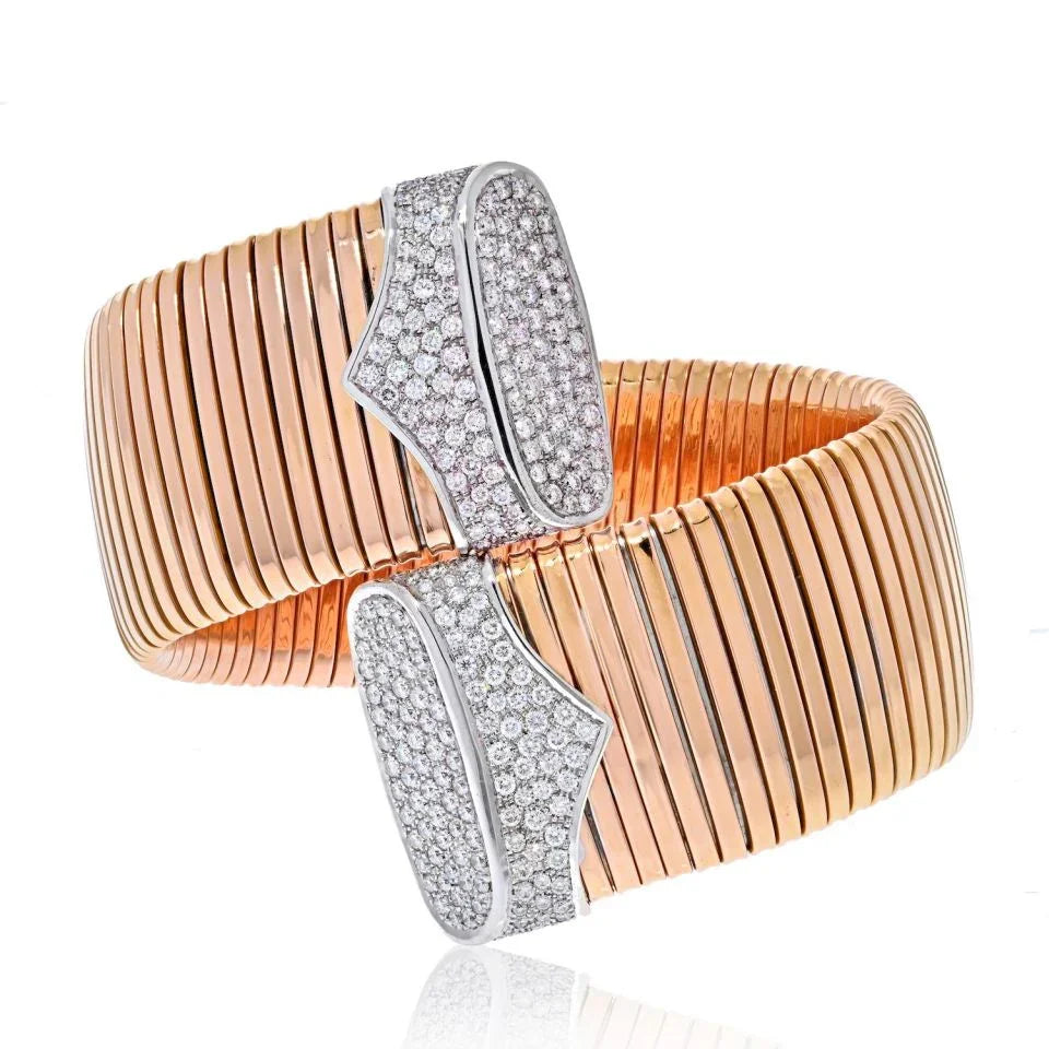 18K Two Tone Crossover Wide Diamond Accented Wrap Bracelet - The Back Vault
