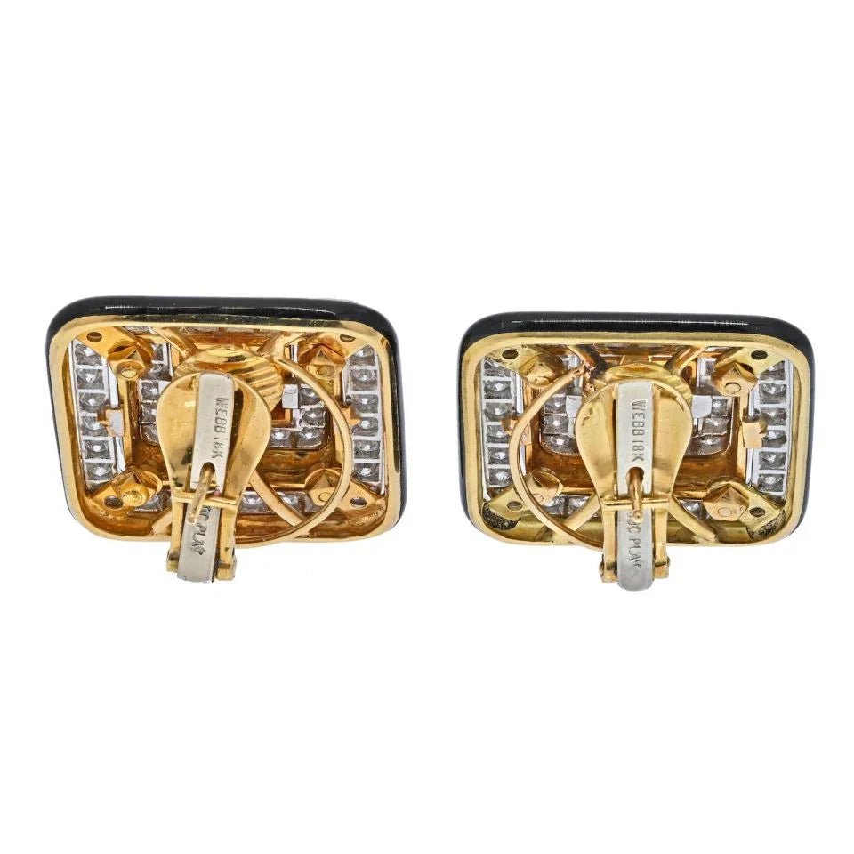 David Webb Black Enamel And Diamond Square Shaped Earrings - The Back Vault