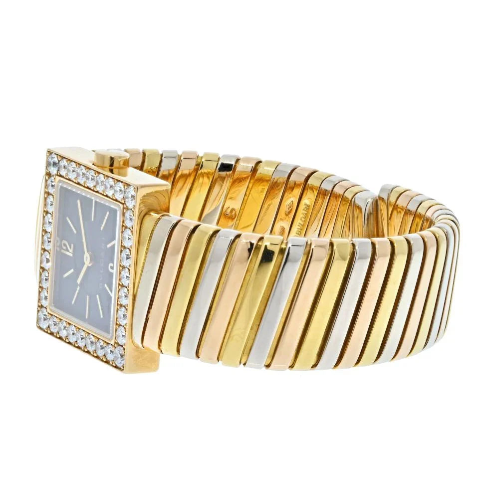 Bvlgari 18K Tri Color Square Diamond Bezel Tubogas SQ 222 T Women Watch - The Back Vault