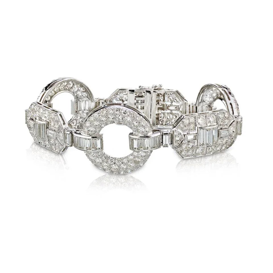 Platinum 1930's Deco Round And Baguette Diamond Bracelet - The Back Vault
