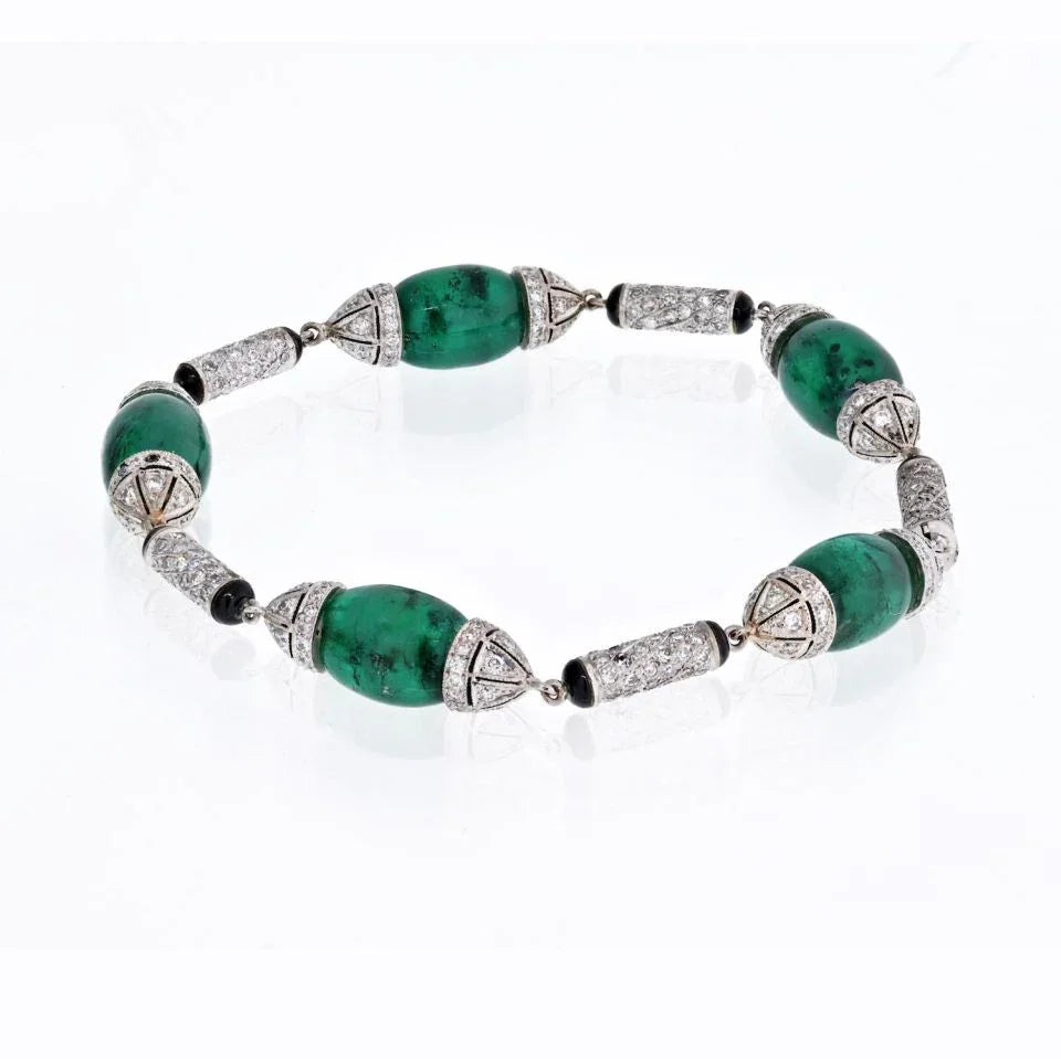 Platinum Green Emeralds, Diamonds and Onyx Vintage Bracelet - The Back Vault