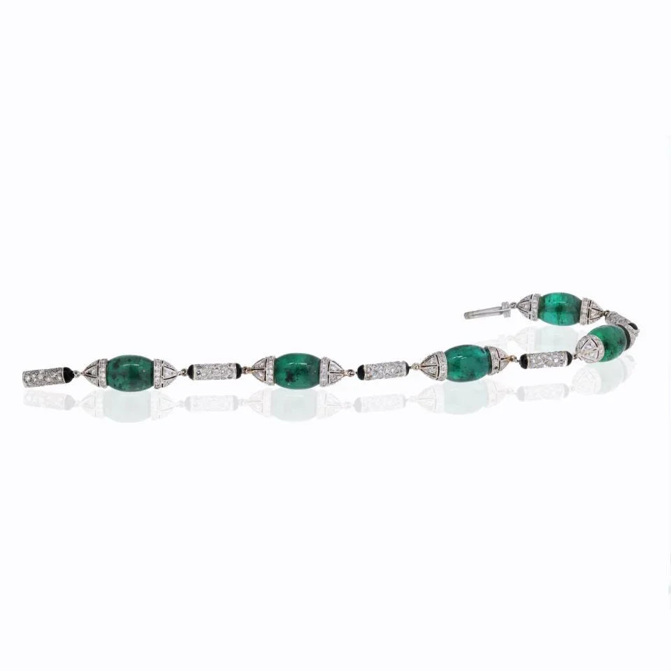 Platinum Green Emeralds, Diamonds and Onyx Vintage Bracelet - The Back Vault