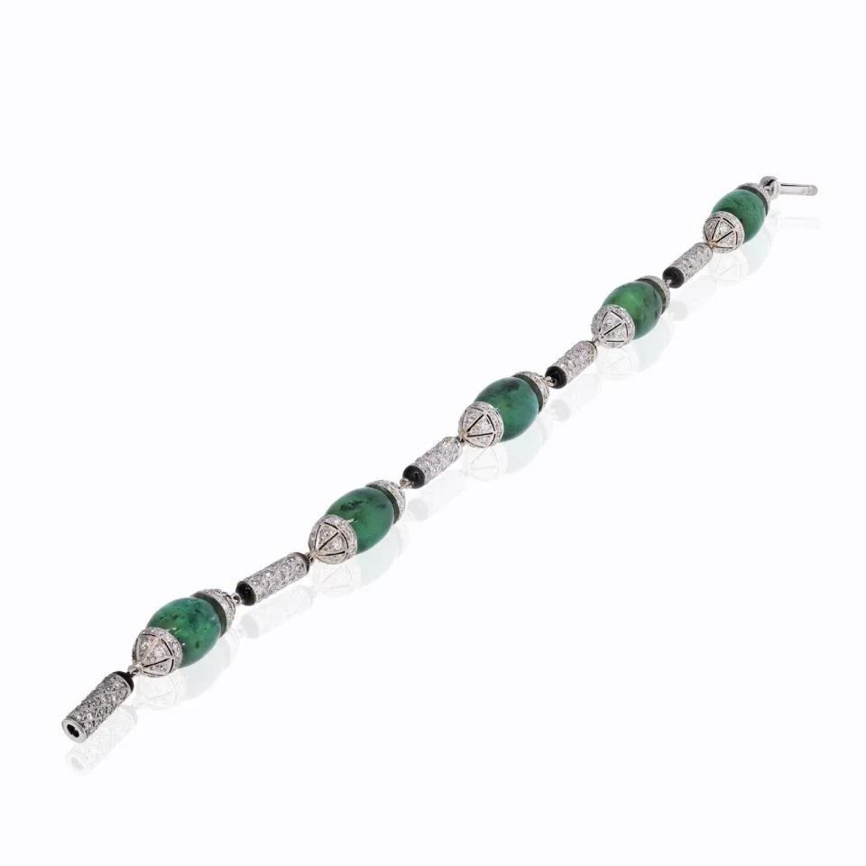 Platinum Green Emeralds, Diamonds and Onyx Vintage Bracelet - The Back Vault