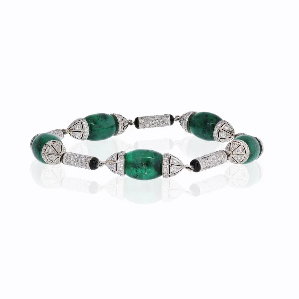 Platinum Green Emeralds, Diamonds and Onyx Vintage Bracelet - The Back Vault