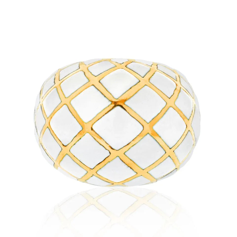 David Webb Platinum & 18K Yellow Gold White Enamel Checkerboard Pattern Bombe Ring - The Back Vault