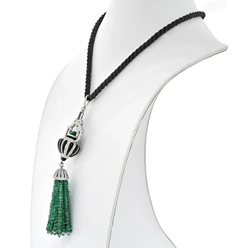18K White Gold Estate Diamond, Onyx and Emerald Bead Tassel Pendant Necklace - The Back Vault