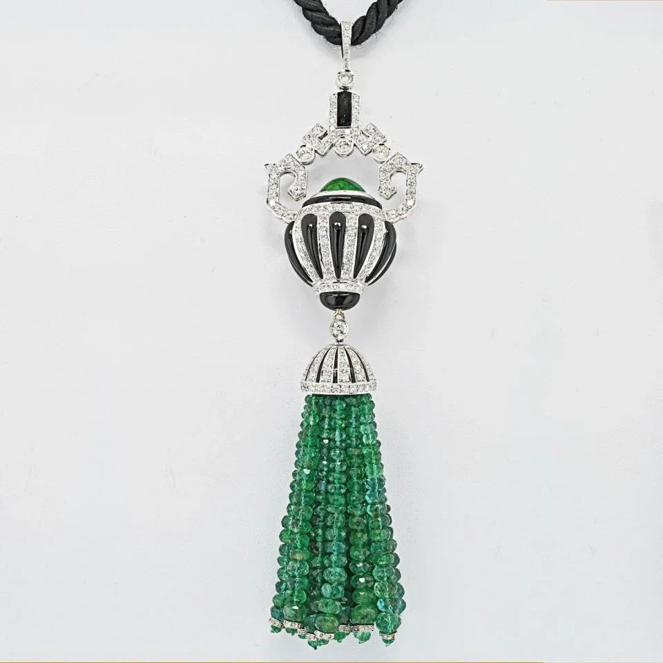 18K White Gold Estate Diamond, Onyx and Emerald Bead Tassel Pendant Necklace - The Back Vault