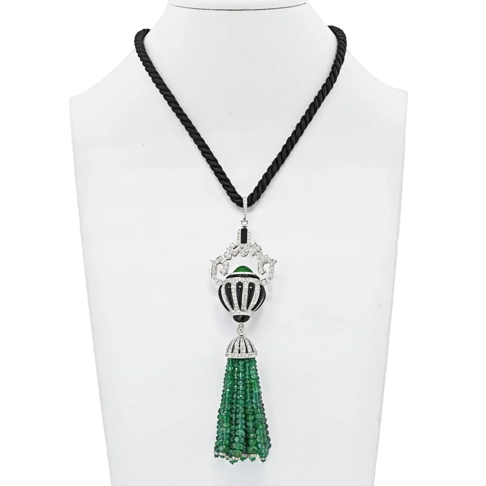 18K White Gold Estate Diamond, Onyx and Emerald Bead Tassel Pendant Necklace - The Back Vault