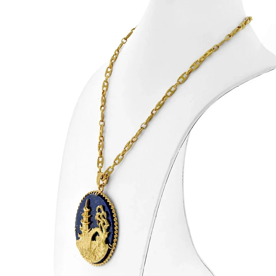 18K Yellow Gold 18K Gold Lapis Lazuli Medallion Asian Pagoda Temple Pendant Necklace - The Back Vault