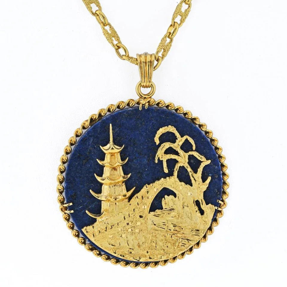 18K Yellow Gold 18K Gold Lapis Lazuli Medallion Asian Pagoda Temple Pendant Necklace - The Back Vault